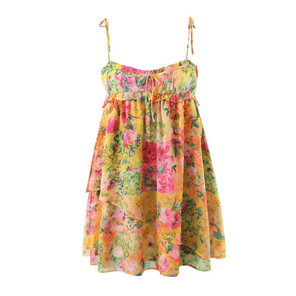 Flower Print Spaghetti Strap Mini Dress Women Backless Skater Lacing up Sling Robe Holiday