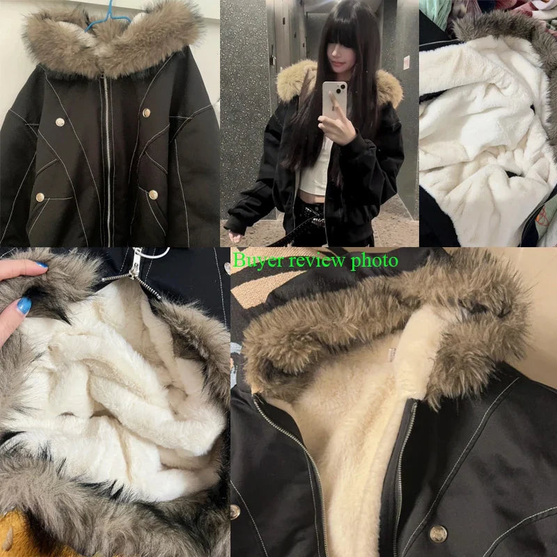 Casaco de Inverno Masculino Hip-hop Novo Casaco Parka Casual Grosso Quente Feminino Streetwear Gola de Vison Falso Solto com Capuz Casaco Curto para Casal