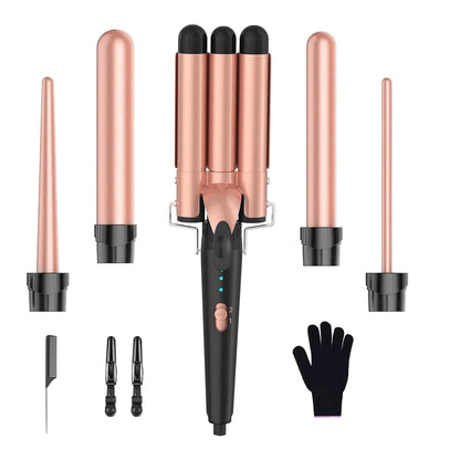 5 in 1 Hair Curlers Set with Curling Brush, 0.35”-1.25” Hair Curler Wand for Hairstyle and Heat Resistant Gloves and Hair Clip