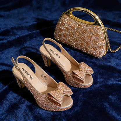 Elegant Italian Women's Party Shoe and Bag Set – Chic Champagne Rhinestone Peep-Toe High Heel Sandals Perfect for Weddings