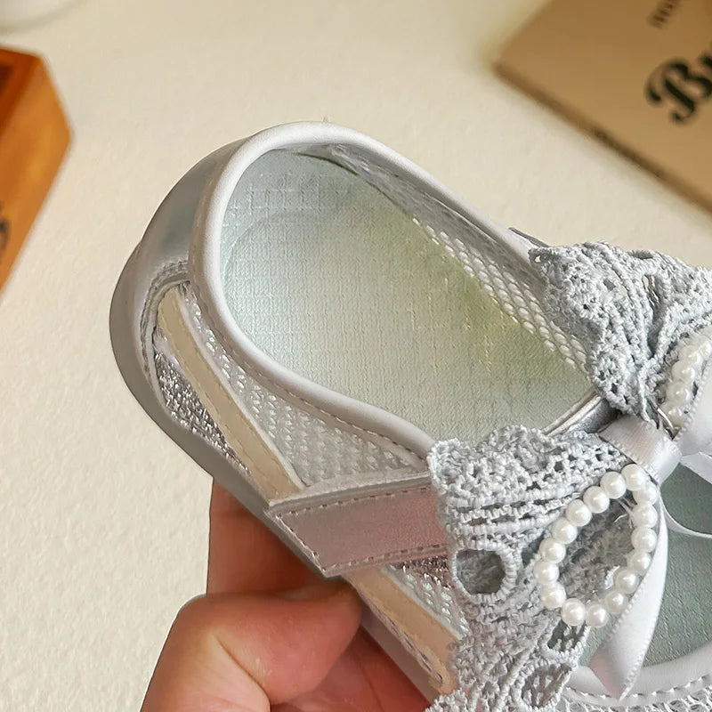 Kids'Casual Shoes Sneakers Mesh Bow Spring Summer Shoes For Girls Anti-slip Breathable Soft Bottom White Silver Shoes Size 23-36