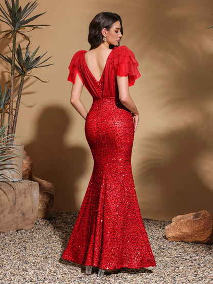 V-Neck Sequined Mesh Fishtail Dress, Family Gathering Birthday Party Dress, Elegant and Fashionable Dress, Women's Long Dress, Party Dress, New Style Dress, Women's Evening Dress, Host Performance Dress, Bridesmaid Dress, Pro