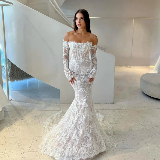 Sexy See Through Back Long Sleeves Full Lace Applique Mermaid Wedding Dresses Sweep Train Custom Made Vestido De Novial