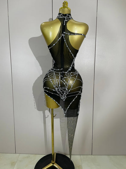 Sparkly Diamond Sexy Mesh Asymmetric Bodycon Mini Dress Women Nightclub Bar Party Show Gogo Dancer Clothing Stage Costume