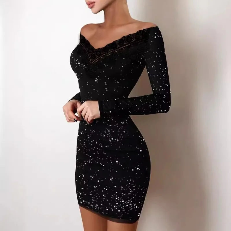 Womens Black Bodycon Dress Off Shoulder Hot Stamping Slim Fit Cocktail Party Evening Gown