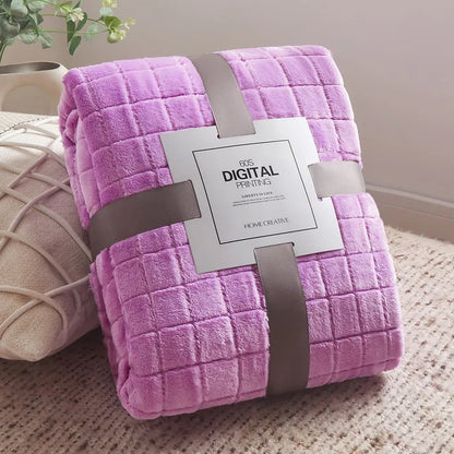Luxury Grid Coral Velvet Blanket - Soft Fluffy Plush Throw, Thickened Warm for Sofa & Air-Condition Room, Flannel Back