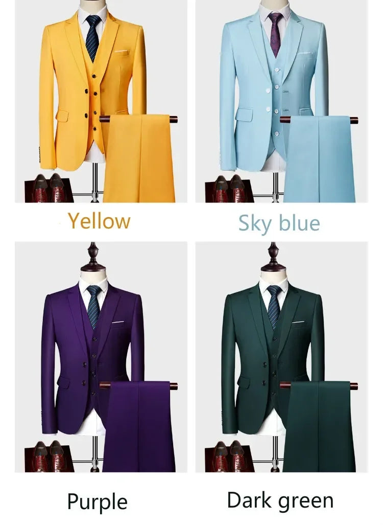 ( Jacket +Vest+ Pants ) Luxury Men's High-end Brand Solid Color Business Office Suit 3Pcs & 2Pcs Groom Wedding Party Suit Tuxedo