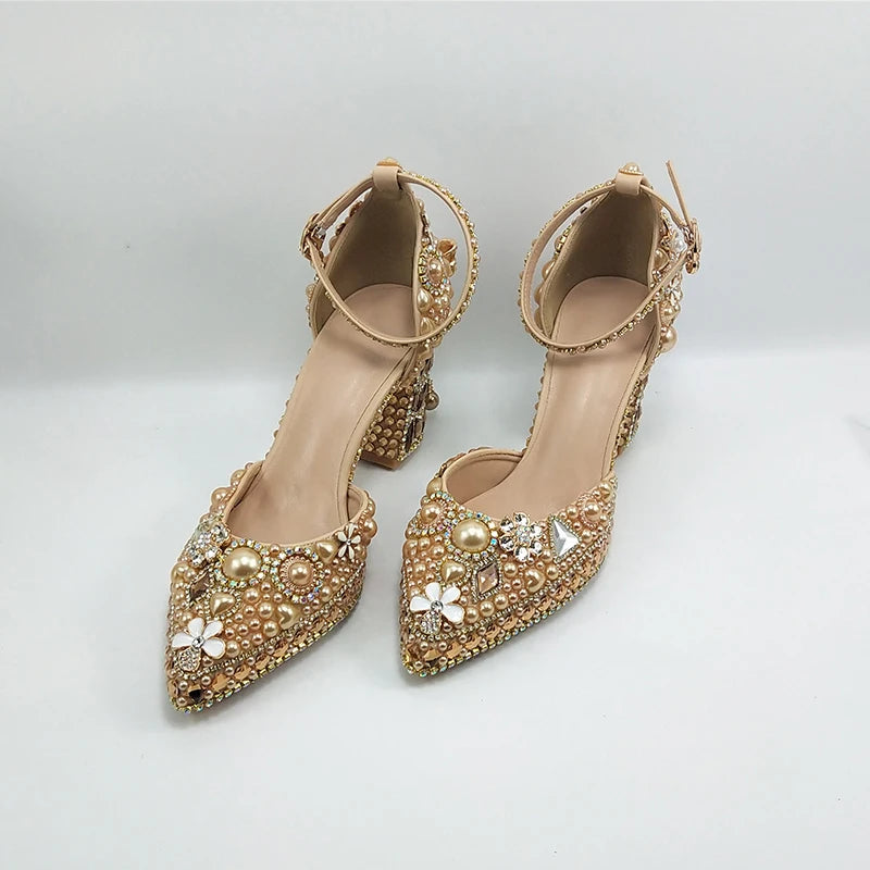 Luxury Champagne Golden Crystal wedding shoes matching bags woman fashion Thick heel Women party dress shoes Pointed Toe shoes