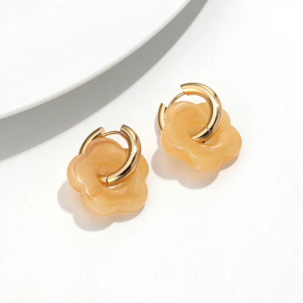 Colorful Flower Resin Acrylic Charms Earring Gold Color Circle Ear Buckle Hoop Earrings Fashion Jewelry for Women