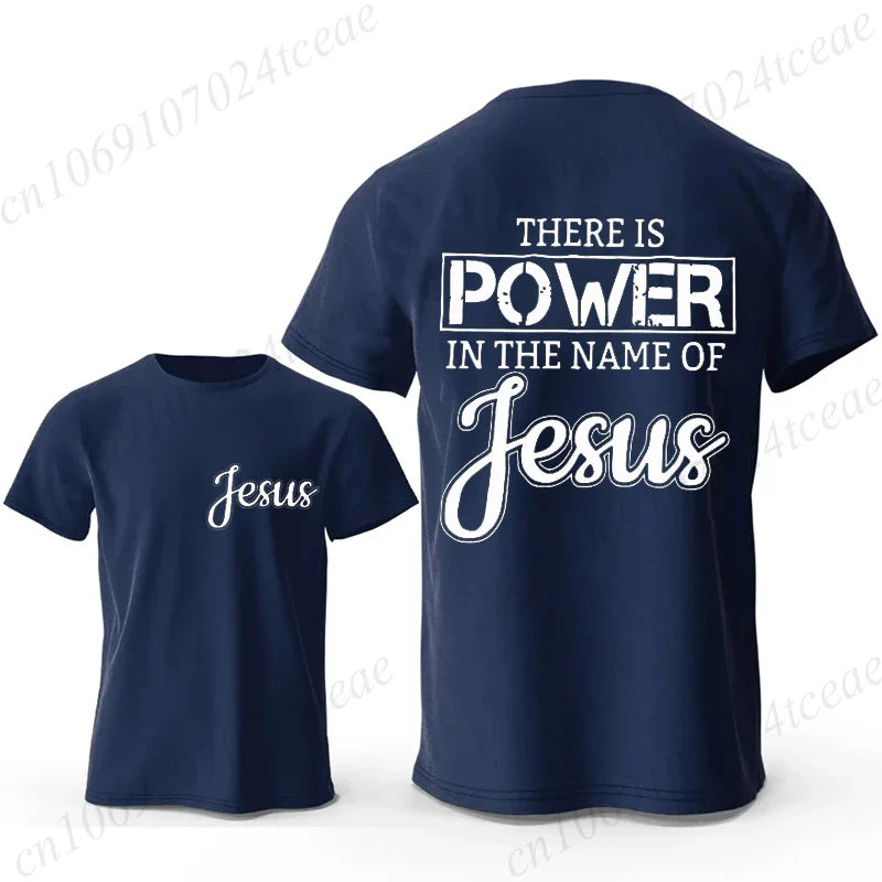 Men Graphic T Shirt There Is Power in The Name of Jesus Print O Neck Short Sleeve Casual Streetwear Fashion T-Shirts Tops Gift