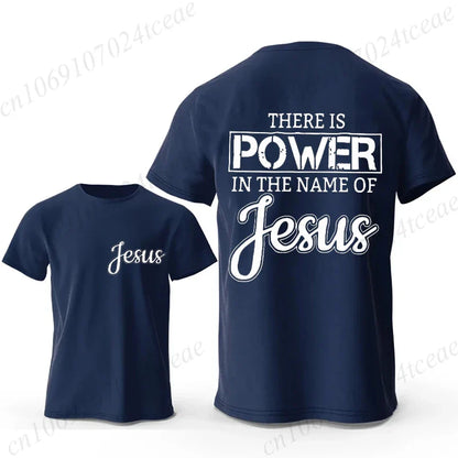 Men Graphic T Shirt There Is Power in The Name of Jesus Print O Neck Short Sleeve Casual Streetwear Fashion T-Shirts Tops Gift