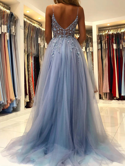 Sling Evening Dresses Prom Dress V-Neck A-Line Train High Split Gowns Sexy Spaghetti Straps Illusion Sequins Appliques