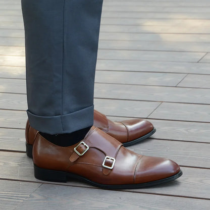 Luxury Men's Wedding Formal Shoes Genuine Leather Pure Brown Black Double Buckle Monk Strap Cap Toe Business Office Dress Shoes