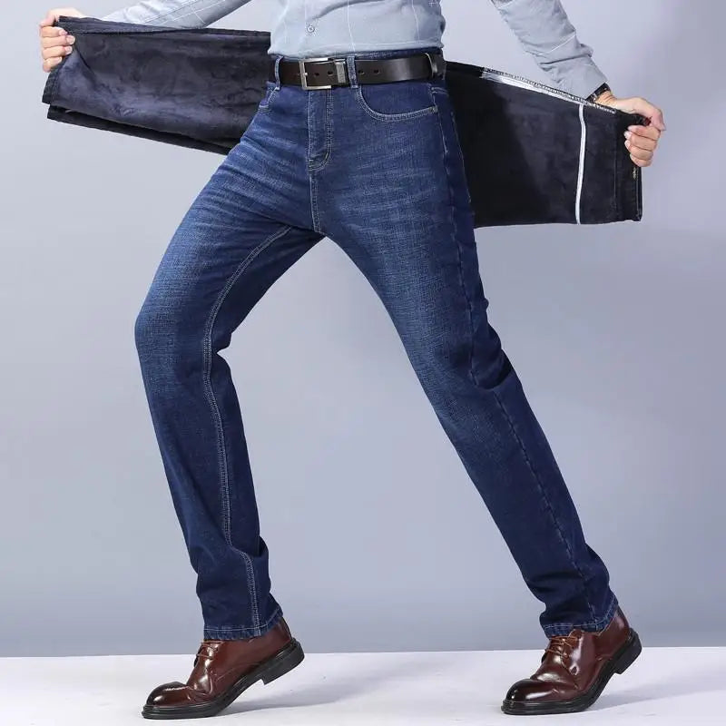 Winter New Men's Warm Blue Black Slim Jeans Classic Style Stretch Slim Fit Thick Pants Fashion Trousers Male Brand