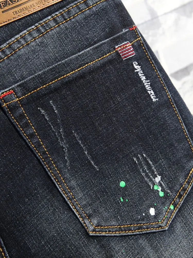 Men's Slim Fit Jeans Elastic Casual High Street Style Ripped Patchwork Pants Fashionable Tight Menswear Spring New Arrival