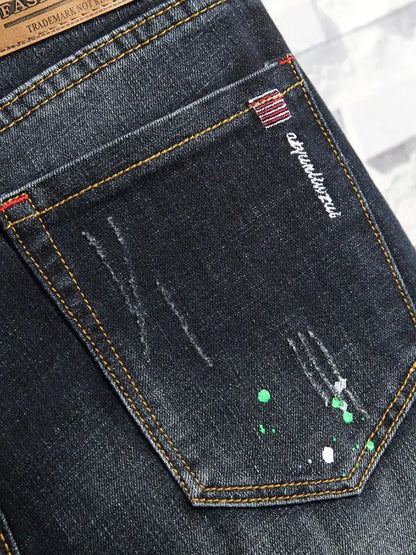 Men's Slim Fit Jeans Elastic Casual High Street Style Ripped Patchwork Pants Fashionable Tight Menswear Spring New Arrival