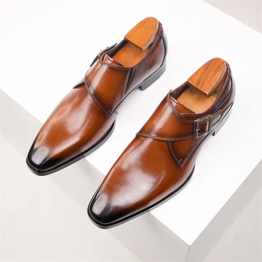 Men's Cow Leather Shoes Buckle Pointed Dress Shoes Men Classic Business Formal Social Office Party Wedding Shoes