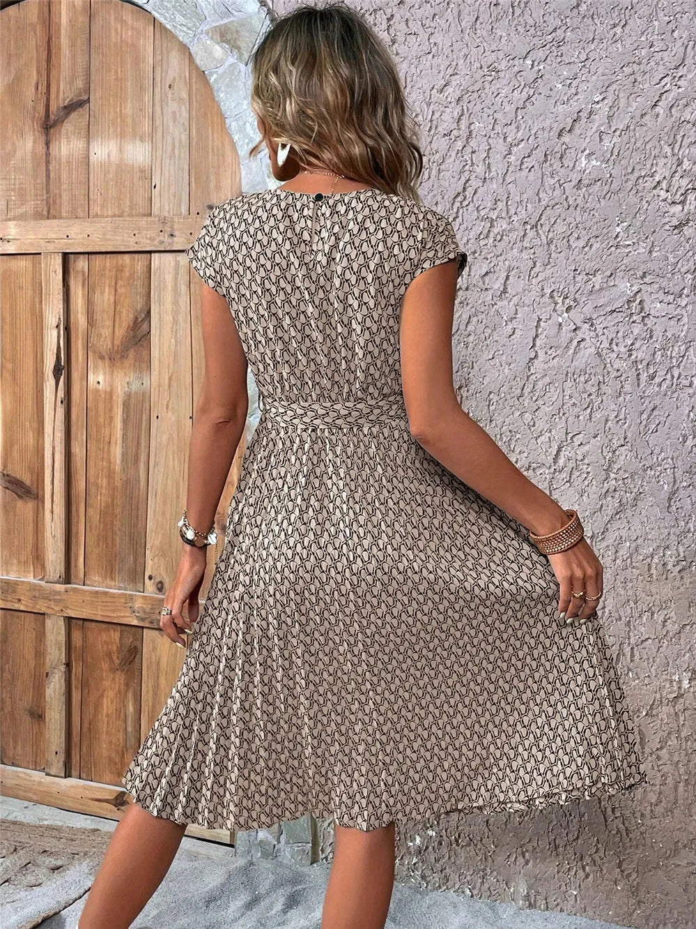 Elegant Print Lace-up Dress Summer Women Round Neck Pleated Medium Long Dress