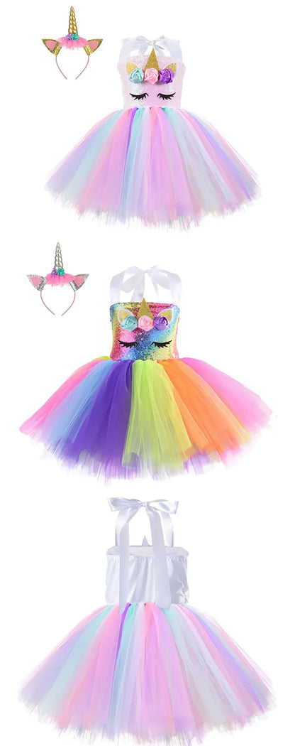 Vestidos de Unicórnio Princesa para Meninas, Trajes Tutu, Flores em Tons Pastel, Vestidos de Aniversário para Bebês, Tule, Fantasias Infantis para Halloween e Cosplay