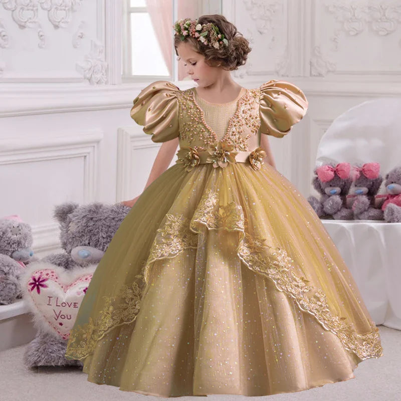 Girl's Pearl Bubble Sleeves Princess Dress 4-12 Years Old Fashionable Flower Lace Satin Dress Birthday Wedding Flower Girl Dress