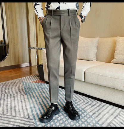 Men's Slim Fit Naples Business Casual Trousers Made of Autumn and Winter Wool, Thickened for Warmth, Classic Ankle-length Pants.