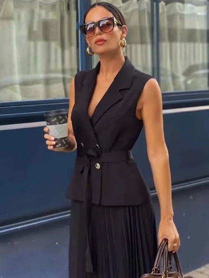 Dress Women Pleated Vests Long Dresses for Women 2024 Sleeveless Office Party Dress Ruched Midi Evening Dresses