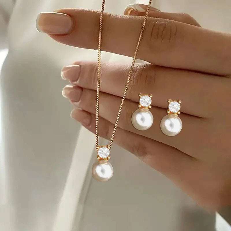 3 Pcs/Set Round Pearl Pendant Necklace For Women Exquisite Fashion Rhinestone Double  Earring Wedding Jewelry Set Gift