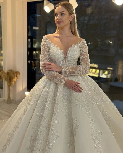 Customized A-Line Wedding Dresses Women Sequins Appliques Bridal Gown O-Neck Long Sleeves Sweep Train Vestidos De Novia