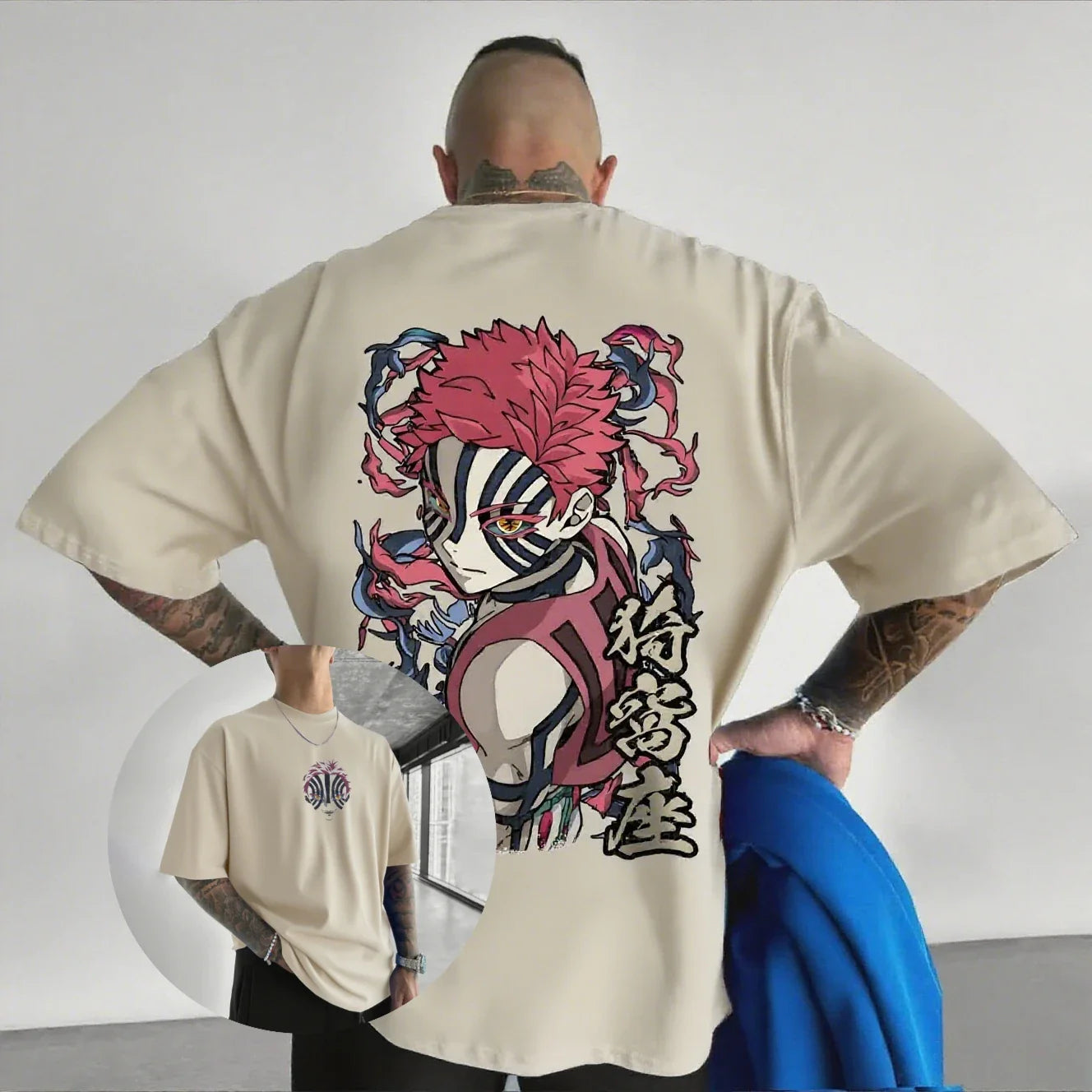 Camiseta Masculina Demon Slayer Akaza Anime Oversized Algodão Feminina Manga Curta Tops Verão Streetwear Gráfica Casual Roupa Y2k