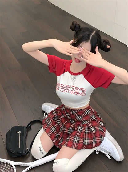 Summer 2024 Vintage Korean Style High Waist Patchwork A-line Mini Skirt Harajuku Preppy Fashion Plaid Pleated Skirt Red Women