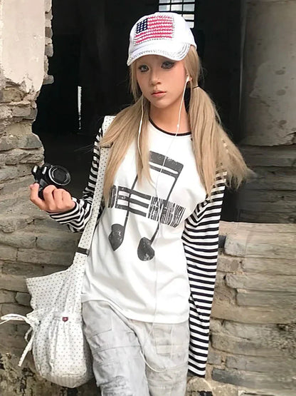 Japanses 2000s T-shirt Women Patchwork Print Graphic Tops Streetwear Y2k Vintage Grunge Tops American Retro Tshirts
