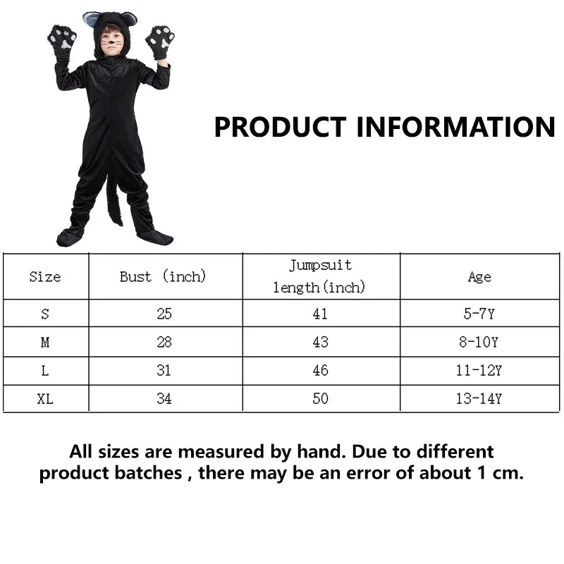 Black Cat Cosplay Children's Costume Cute Kitten Animal Onesie + Gloves + Hat Suit Suitable for Stage Show Halloween Party