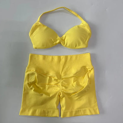 NO LOGO 2PCS Gym Set Women Strappy Yoga Bra Top High Waist Workout Scrunch Shorts Sports Suit Seamless Yoga Set Fitness Clothes