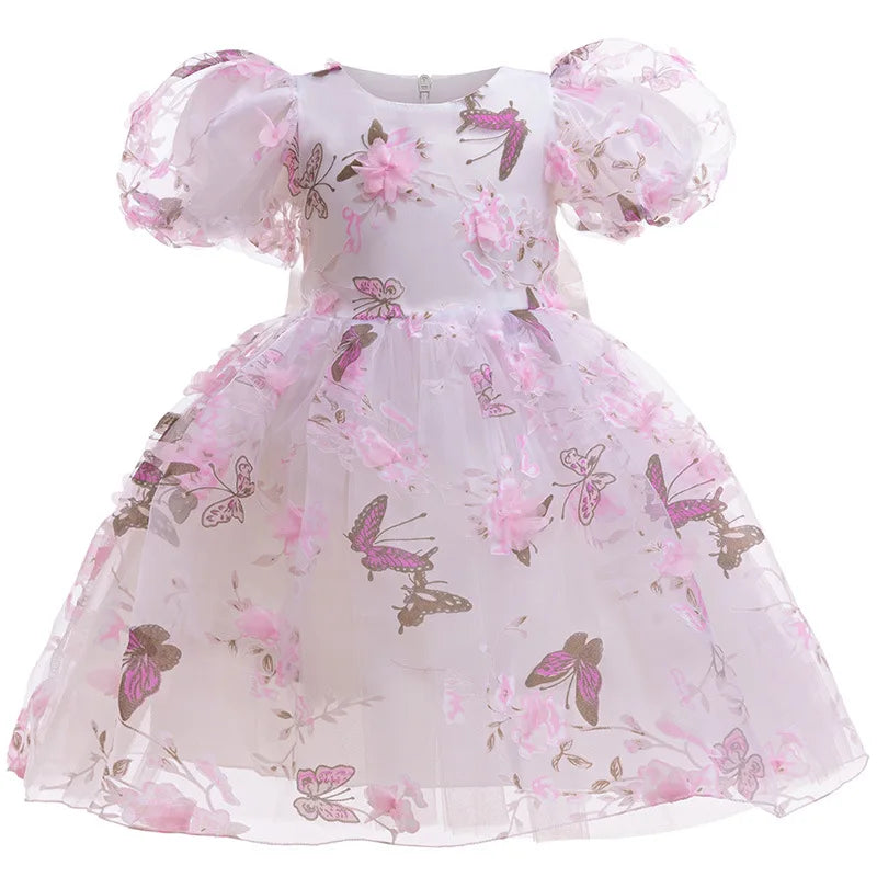 Girls 3D Rose Bubble Sleeves Princess Dress New Children's Fashion Lace Dress Carnival Birthday Party Performance Clothing
