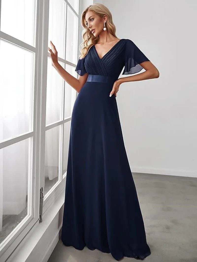 Empire Evening Dresses Cross V-Neck Tulle Short Sleeve Sashes Wedding Dress Sexy Backless Women's Formal Party Gowns