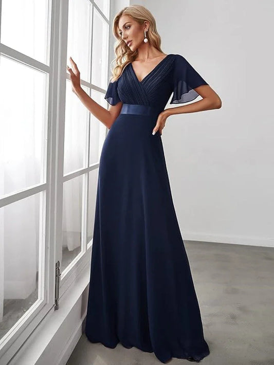 Empire Evening Dresses Cross V-Neck Tulle Short Sleeve Sashes Wedding Dress Sexy Backless Women's Formal Party Gowns
