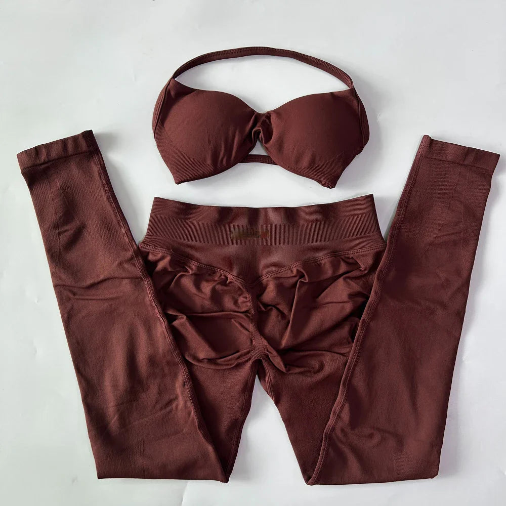 2 Pieces Set For Woman Strappy Yoga Bra Sports Top Workout Leggings Set Seamless Gym Set Fitness Clothes Outfit Activewear