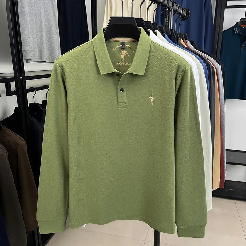 2025 New Cotton Long Sleeved T-shirt for Men, High End Embroidered Little Horse Logo Fashion Autumn/Winter Polo Top