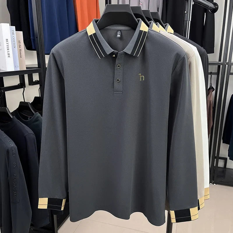 Original Design Men's Lapel Polo Shirt Autumn New Solid Color Print Long Sleeve T-Shirt High-End Business Leisure Men's Clothing