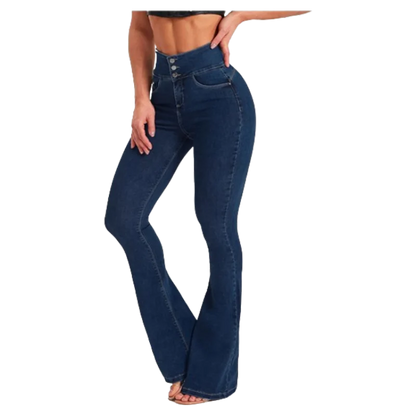 Fashion High Street Simple Spring Jeans Pants Women Solid Color High Waist Pocket Button Slim Flared Trousers