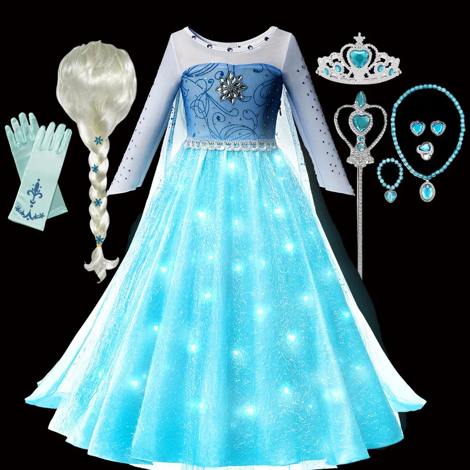 Elsa Rainha da Neve Princesa Meninas Vestido LED Roupa de Carnaval de Halloween Festa Crianças Cosplay Fantasia Infantil