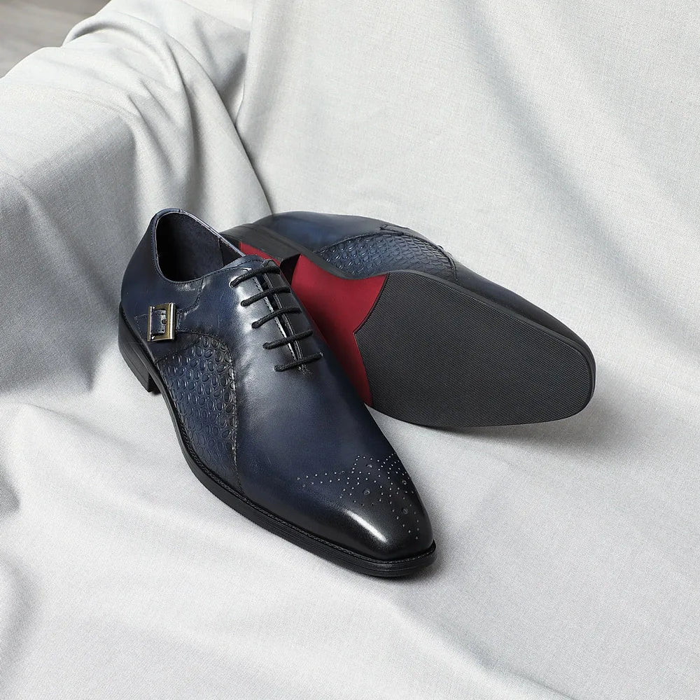Classy Men's Genuine Leather Oxford Dress Shoes Blue Black Lace-up Brogue Pointed Business Wedding Party Formal Shoes for Men