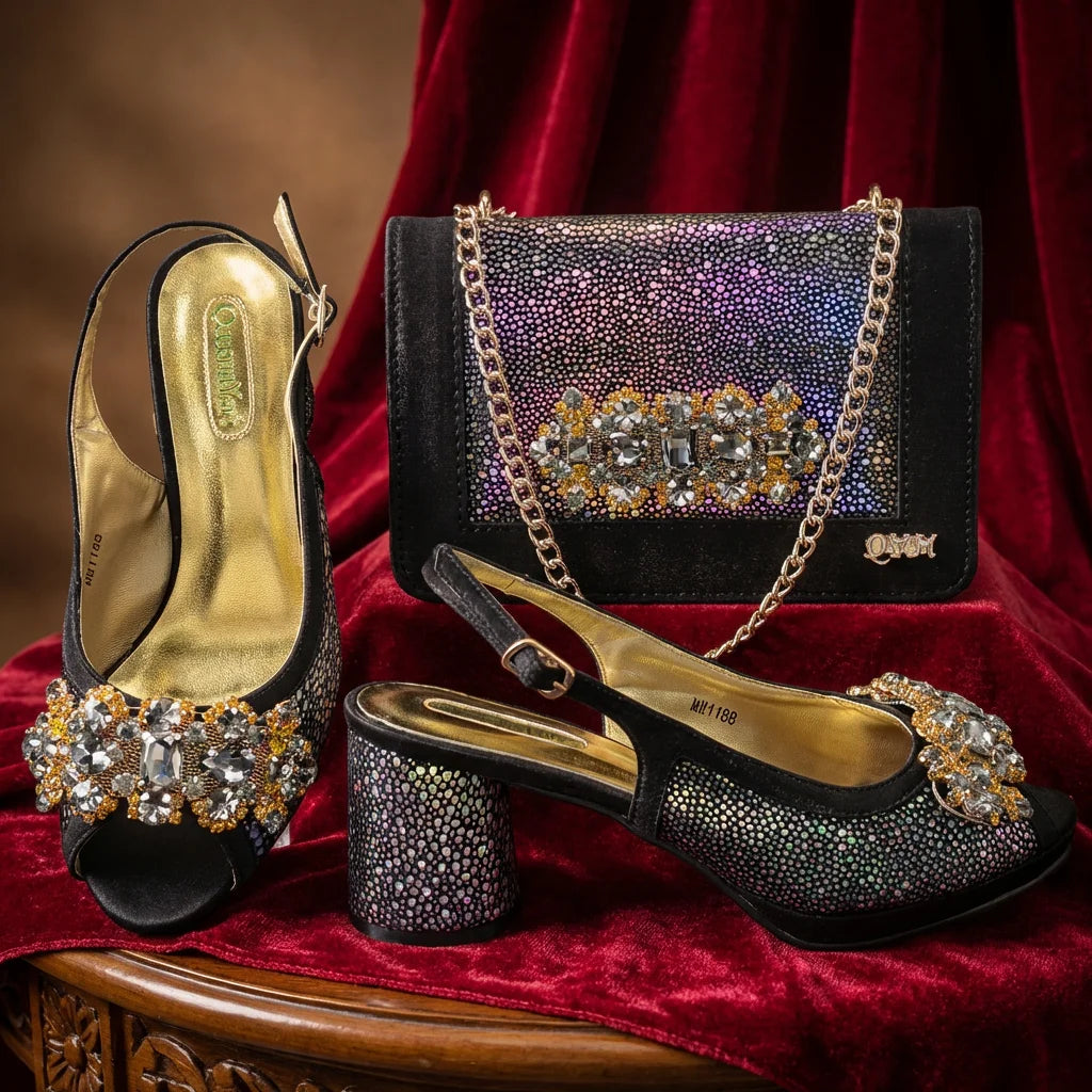 Green Elegant Women's High Heels Shoes  & Bag Set Rhinestone-Embellished Designer Shoes Perfect for Special Occasionss