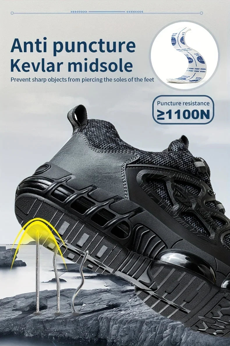 Safety Shoes For Men Steel Toe Anti-Puncture Men's Work Shoes Slip Resistant Reinforced Sole Rotating Button Fashion Sneaker