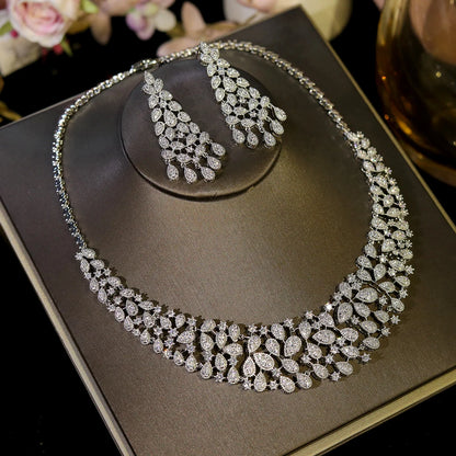 Gorgeous CZ Crystal Zirconia Luxury Silver Color Necklace Europe Bridal Wedding Party Dubai Jewelry Set for Women 2024