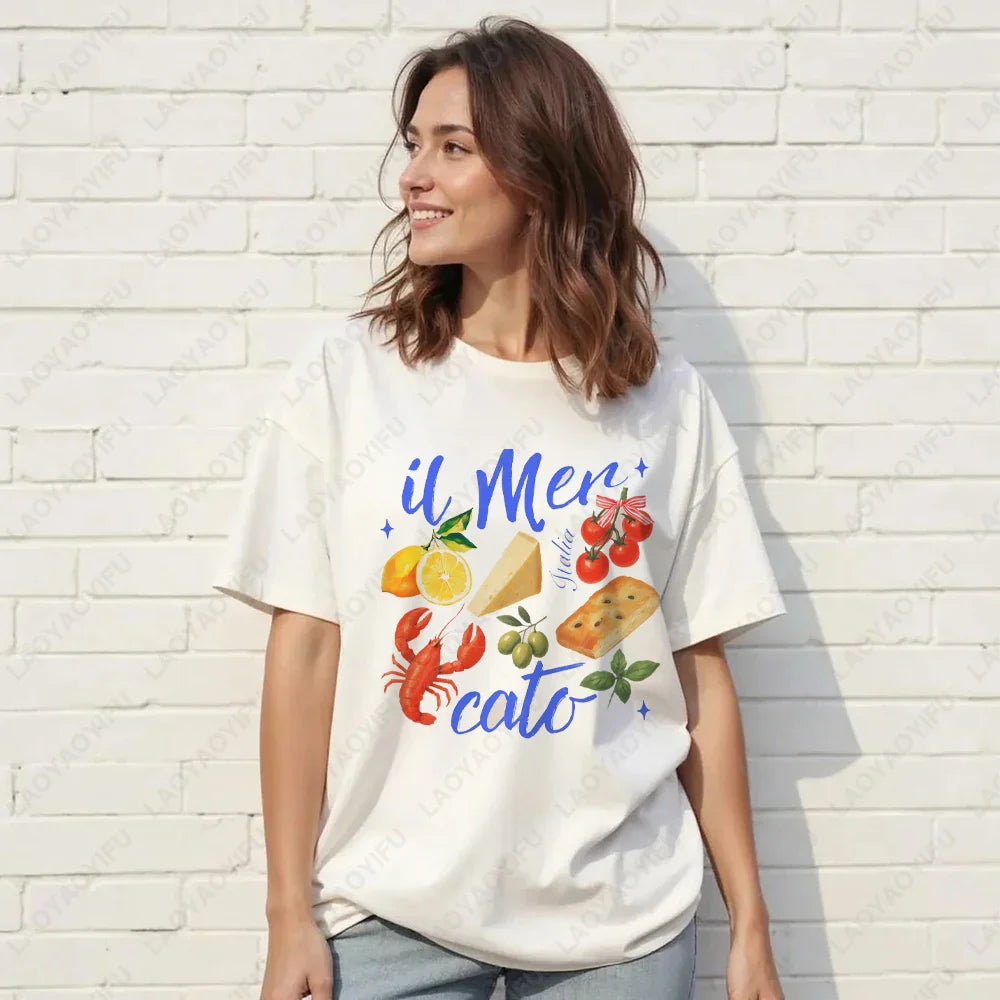 Vintage Italian Tomato Cotton Graphic Tshirt Summer Shirt Women Top Italy Vacation Aesthetic Tomato Girl Market Style