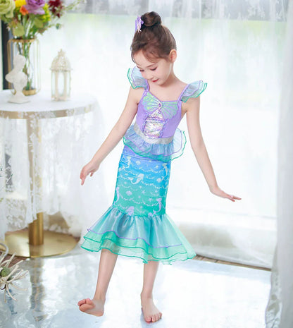Ariel Cosplay Princess Costume Kids Cartoon Printed Dress Girls Halloween Children Carnival Birthday Party Clothes