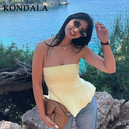 2026 Spring Summer Butter Yellow Sexy Women Tops Fashion Solid Strapless Short Tops Chic Streetwear Ladies Tops