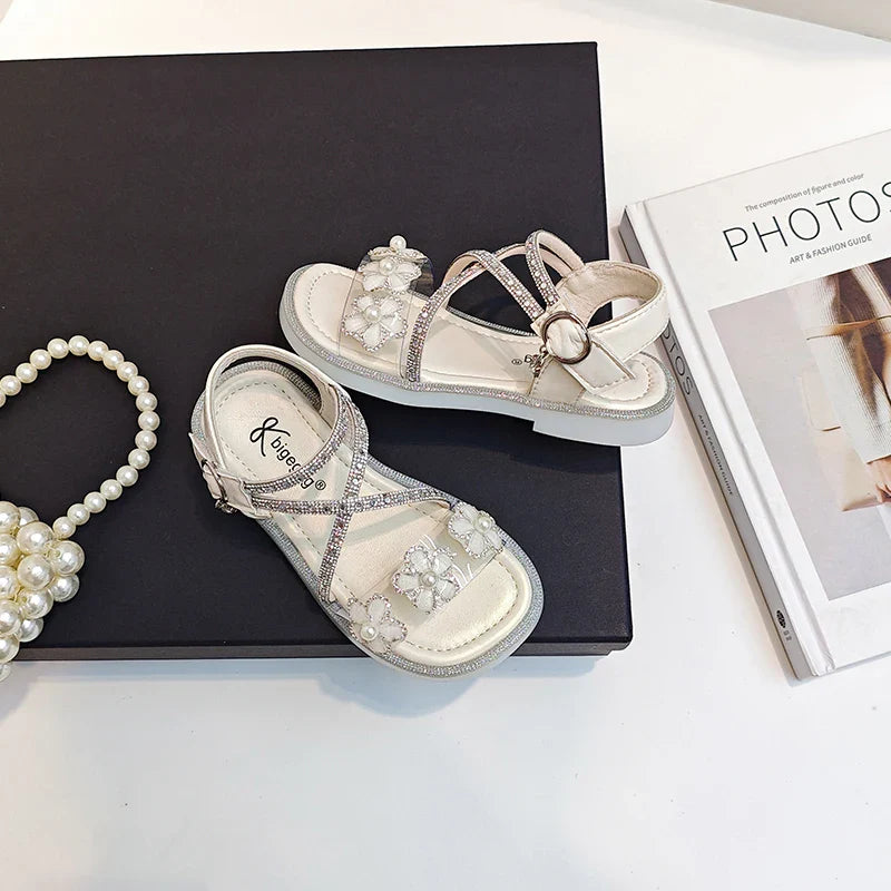 Girls Princess Sandals Children Summer Beach Shoes Soft Bottom Anti-slippery Fashion Kids Flowers Rhinestone Sandals Size 23-36