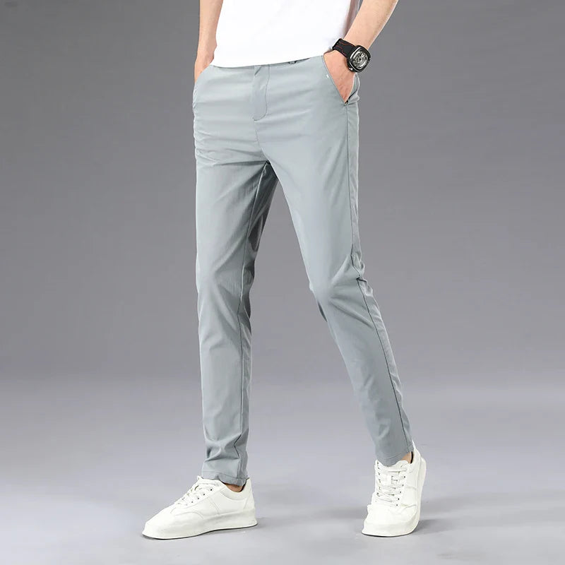 Business Thin Men's Breathable Pants Slim Straight High Elastic Slim Casual Pants Male Brand Clothing Khaki Gray Green Black